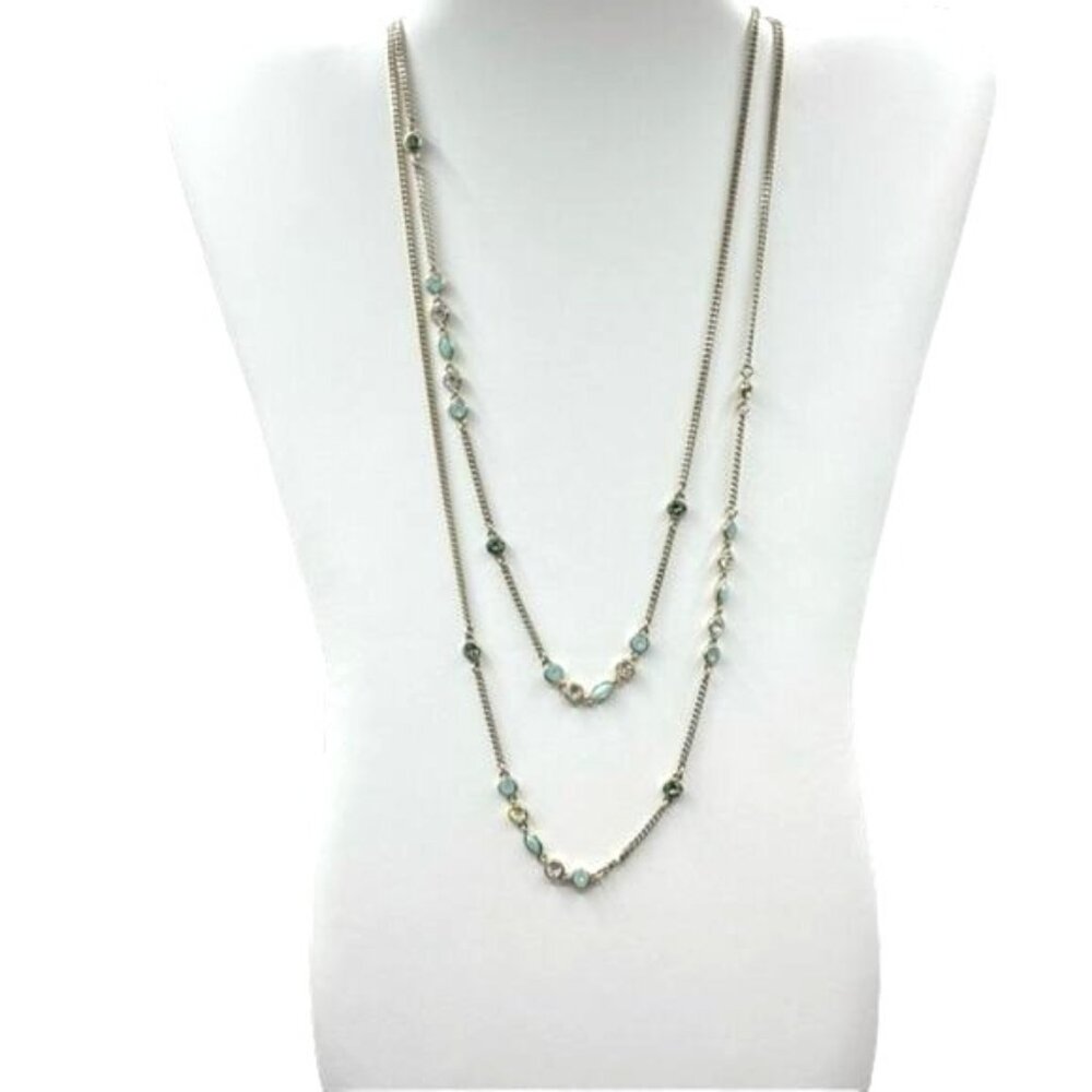 Givenchy Austrian Crystals & Faux Turquoise Stone 42" Silver Tone Chain Necklace
